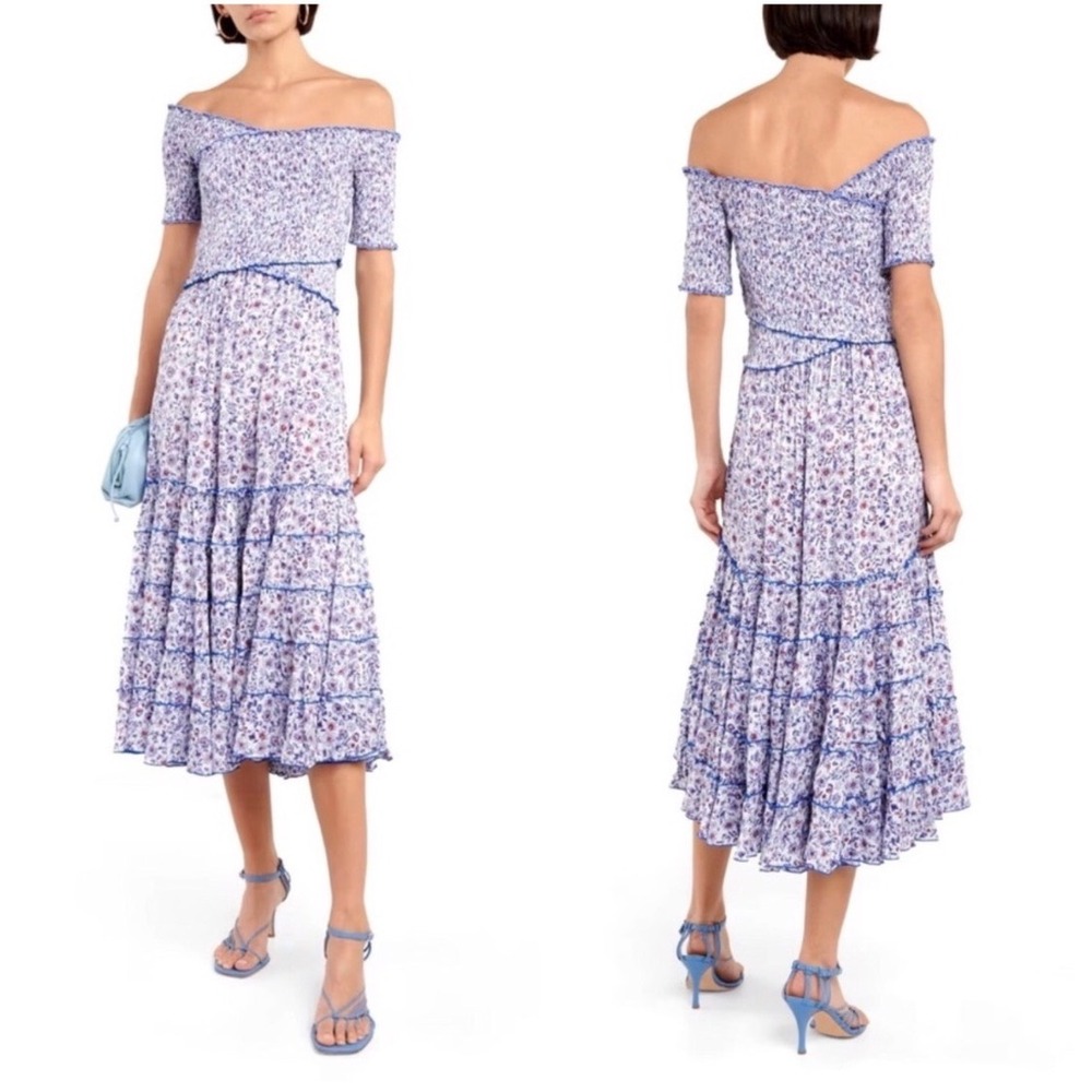 Poupette St Barth Soledad Floral Midi Dress Blue Magnolia Smocked Off Shoulder